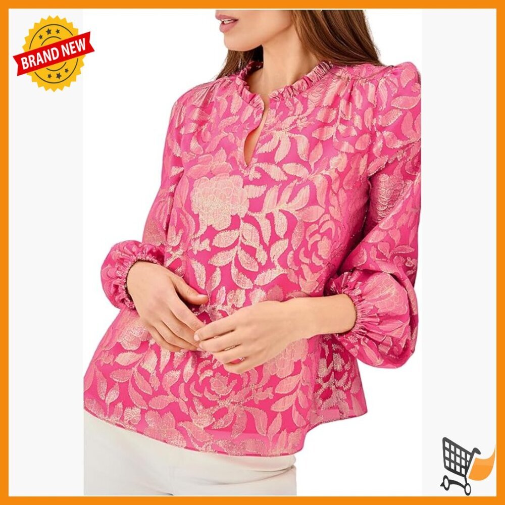 Silk Blend Long Sleeve Blouse with Ruffle Neckline and Elastic Cuffs